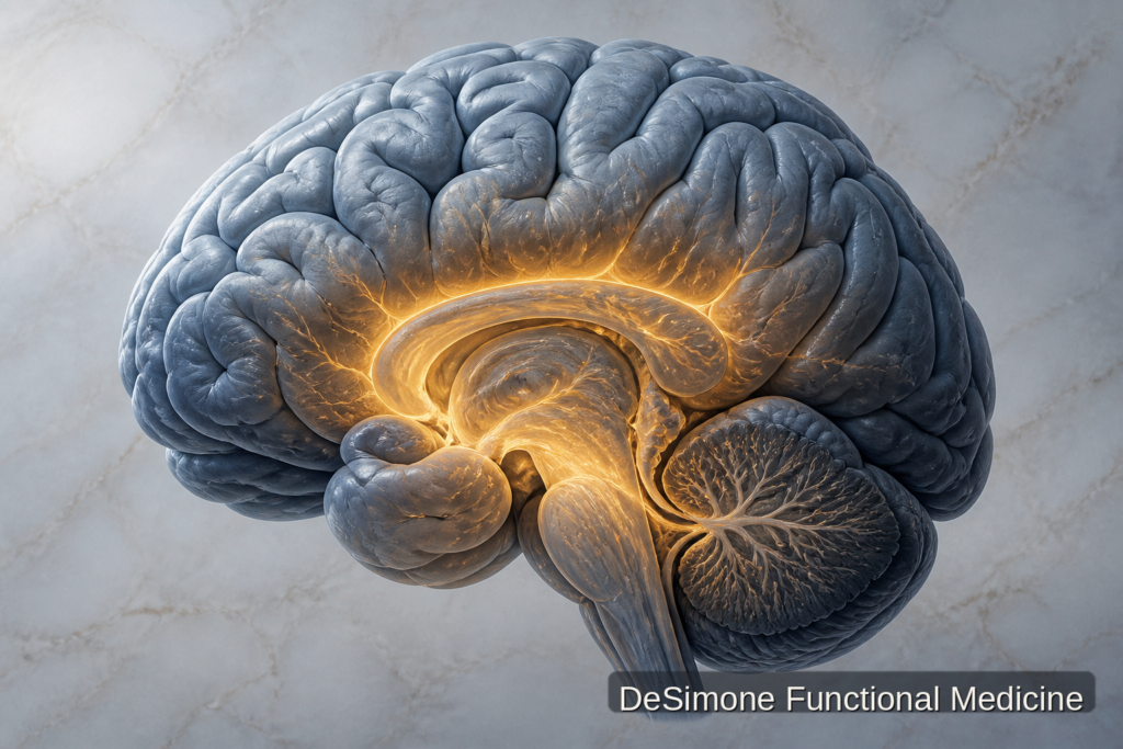 Side-view illustration of a human brain with inner structures glowing gold, suggesting a metabolic fuel switch. DeSimone Functional Medicine.